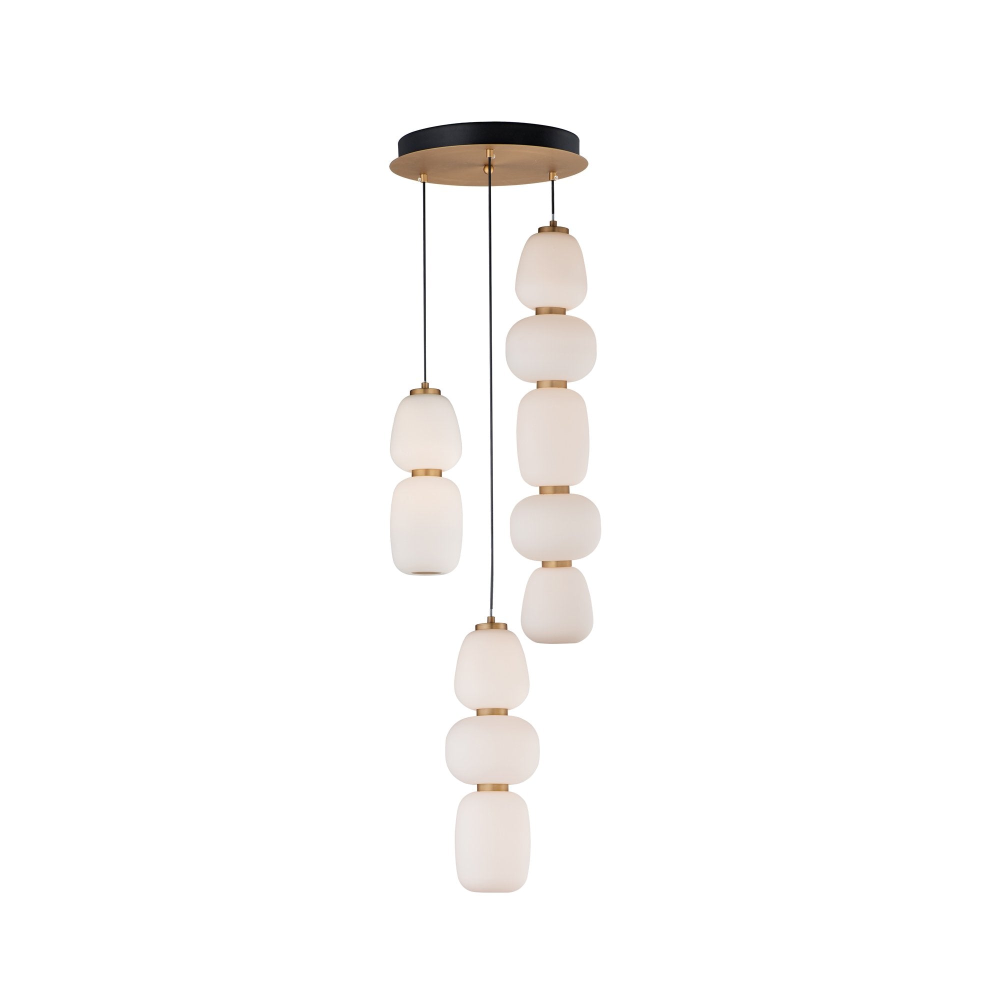 Suspension multi-lumières LED japonais lanterne, satin, verre blanc, acier, or, noir