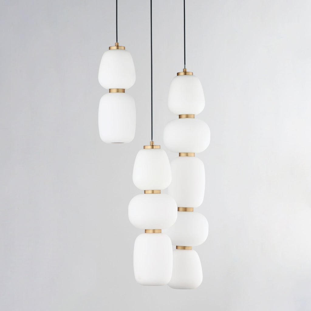 Suspension multi-lumières LED japonais lanterne, satin, verre blanc, acier, or, noir