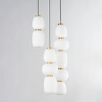 Suspension multi-lumières LED japonais lanterne, satin, verre blanc, acier, or, noir