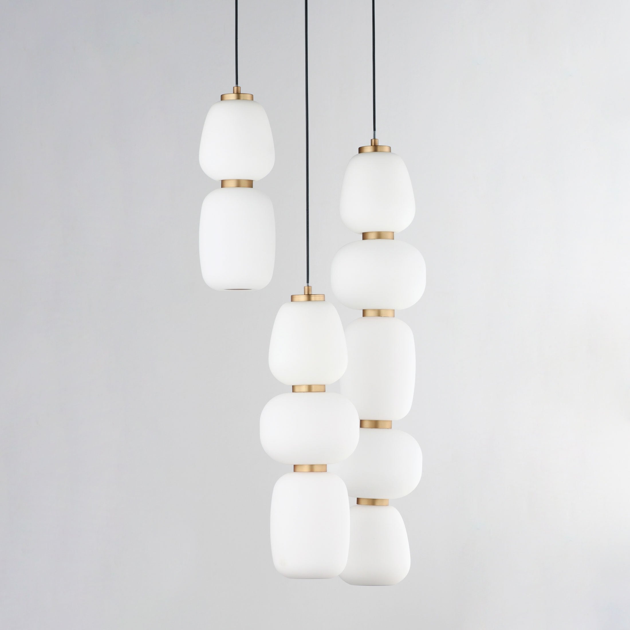 Suspension multi-lumières LED japonais lanterne, satin, verre blanc, acier, or, noir