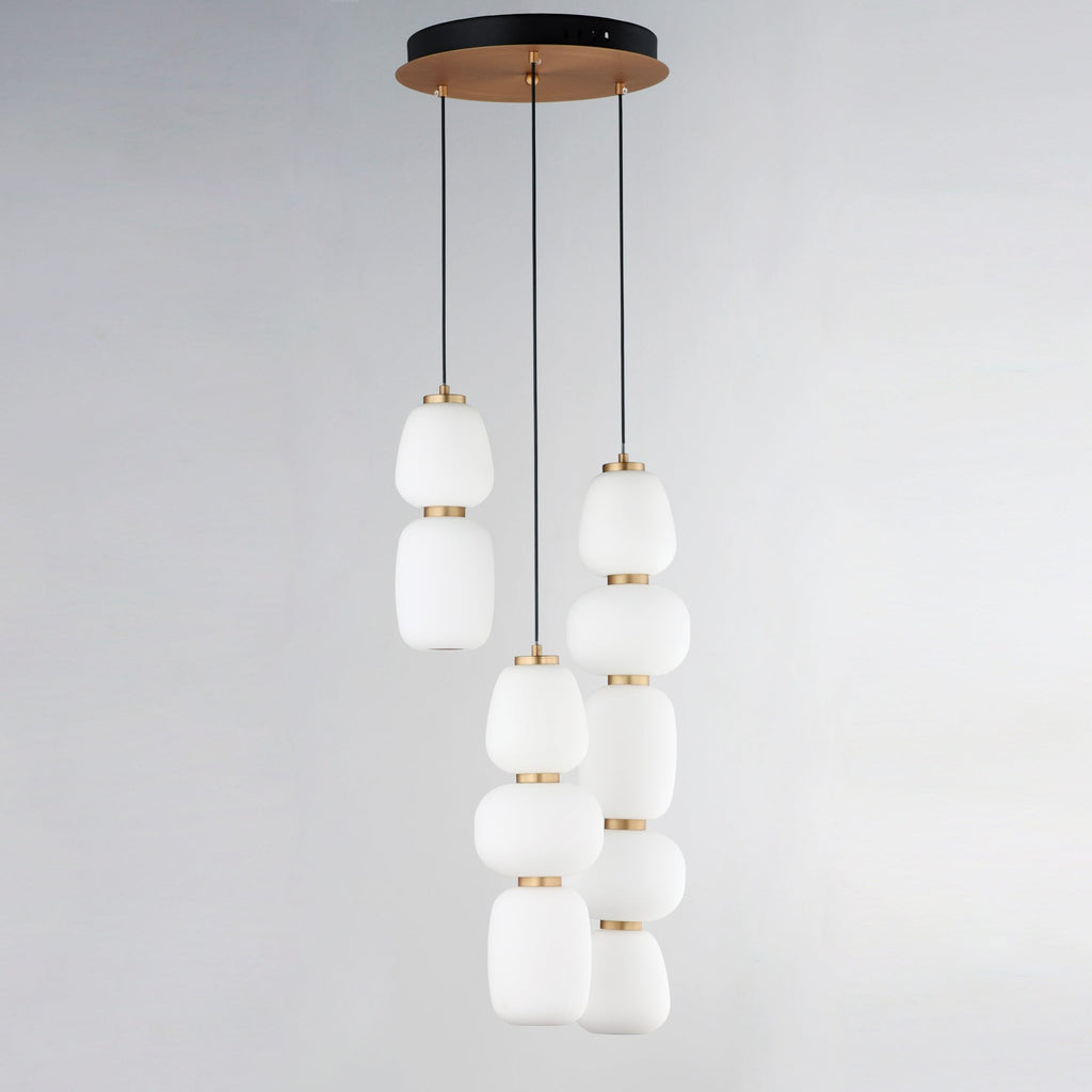 Suspension multi-lumières LED japonais lanterne, satin, verre blanc, acier, or, noir