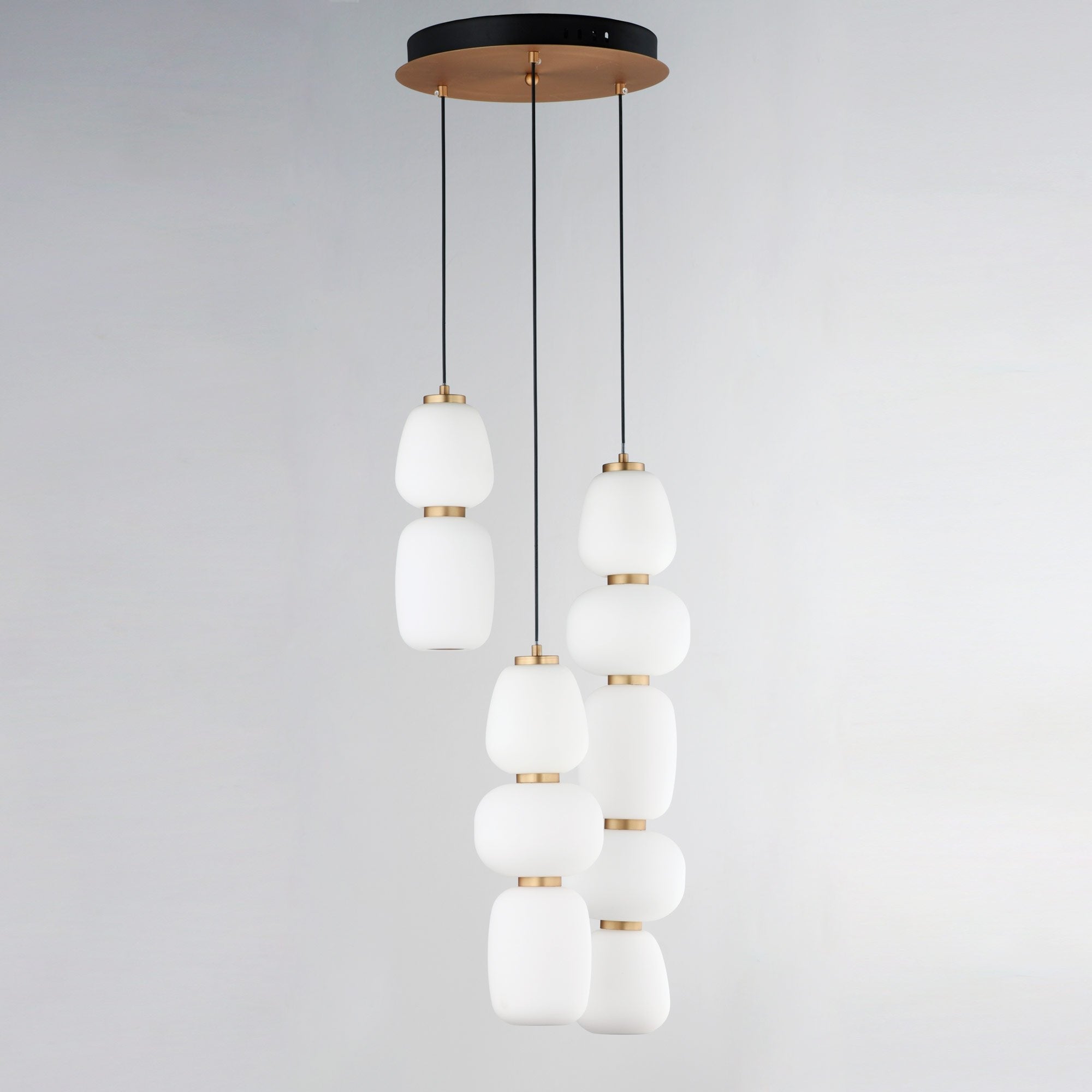 Suspension multi-lumières LED japonais lanterne, satin, verre blanc, acier, or, noir