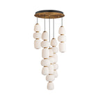 Suspension multi-lumières LED japonais lanterne, satin, verre blanc, acier, or, noir