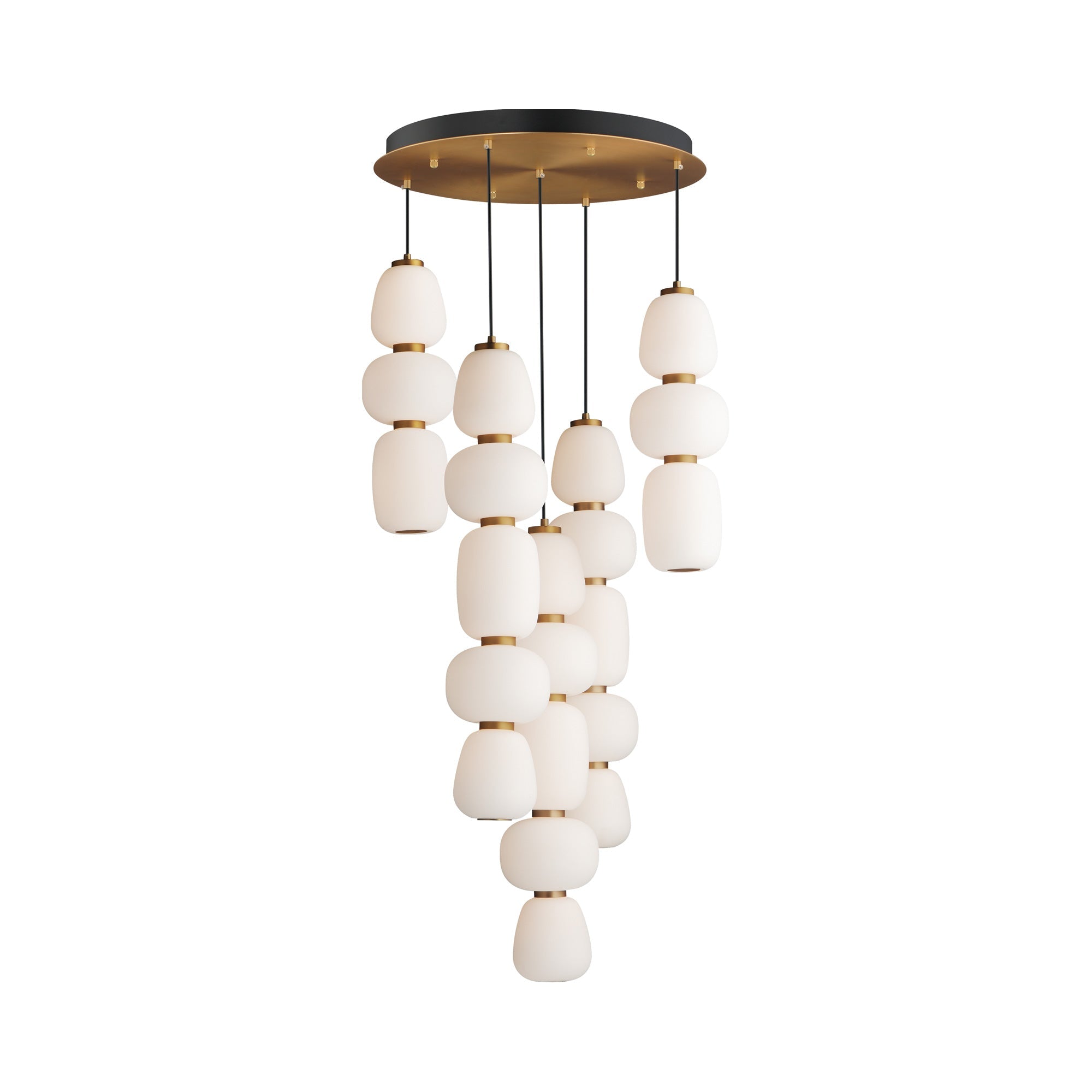 Suspension multi-lumières LED japonais lanterne, satin, verre blanc, acier, or, noir