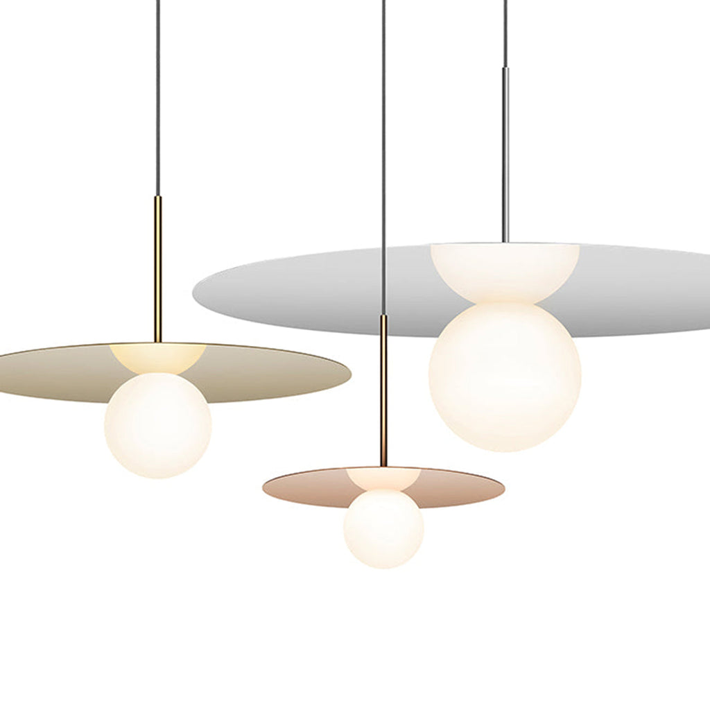 Suspension LED contemporaine "Warm Dim" à disque en verre et aluminium