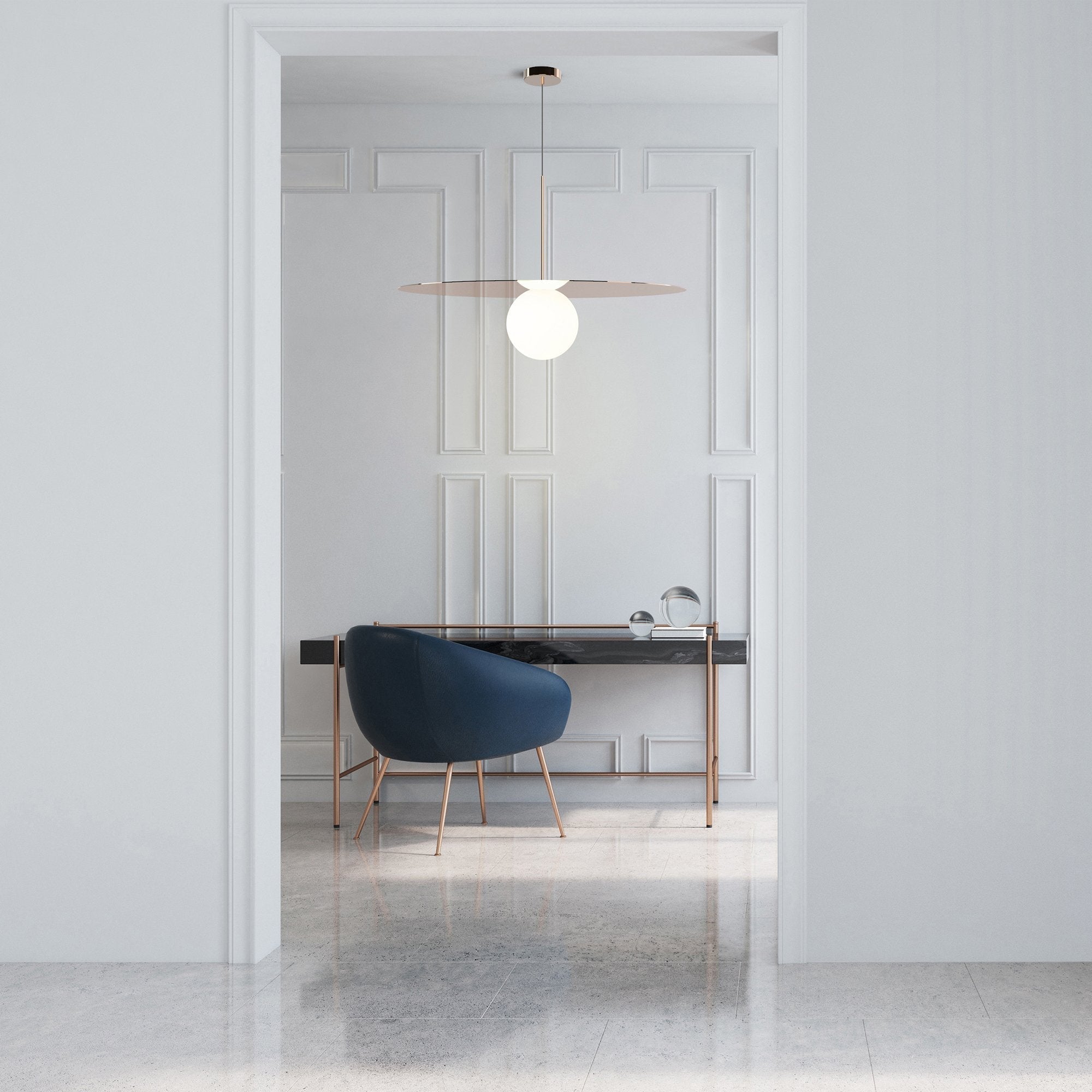 Suspension LED contemporaine "Warm Dim" à disque en verre et aluminium