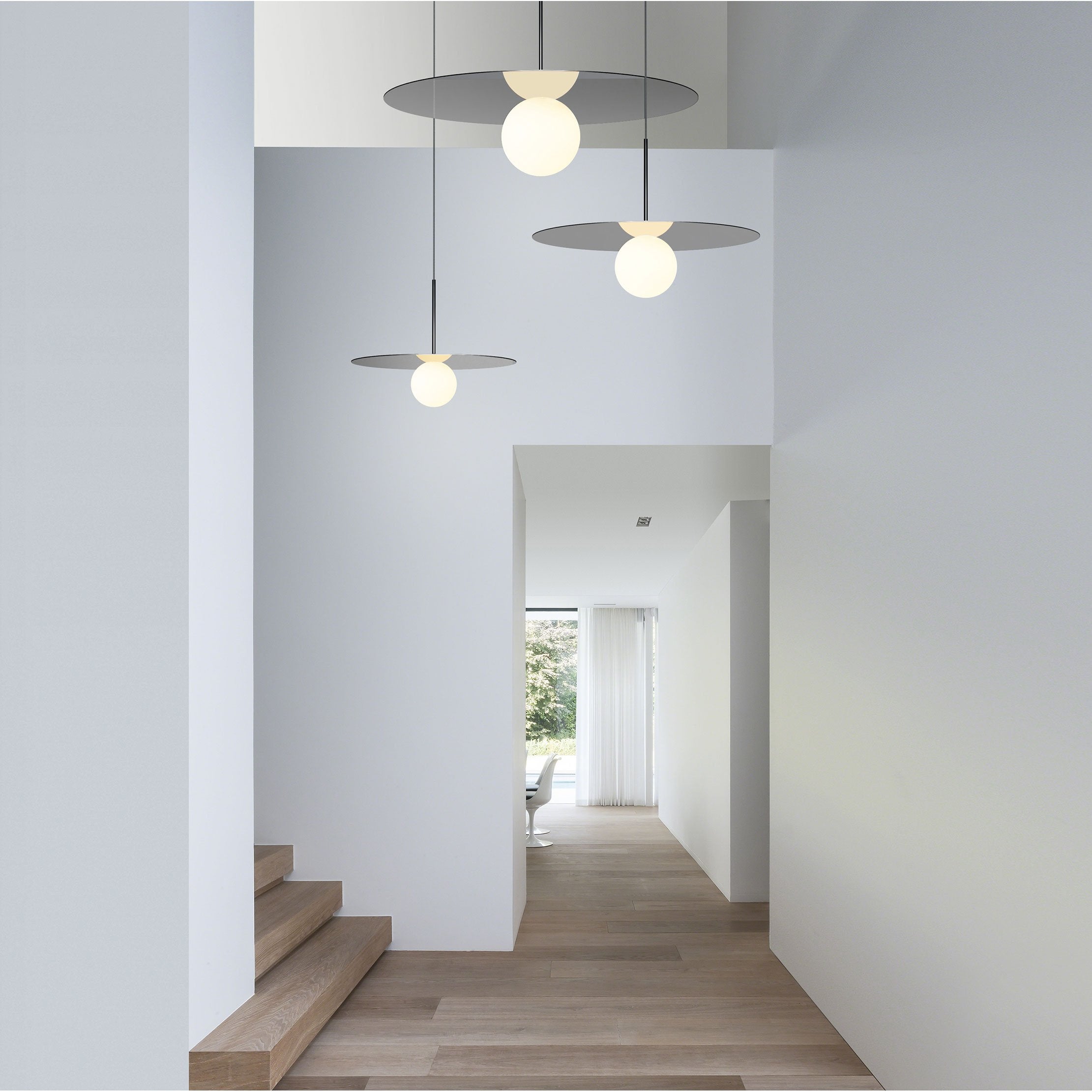 Suspension LED contemporaine "Warm Dim" à disque en verre et aluminium