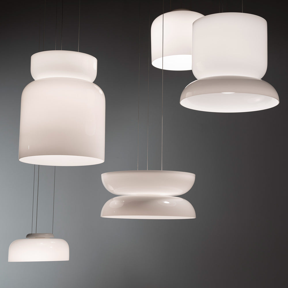 Suspension LED tambour haut/bas en verre opale soufflé