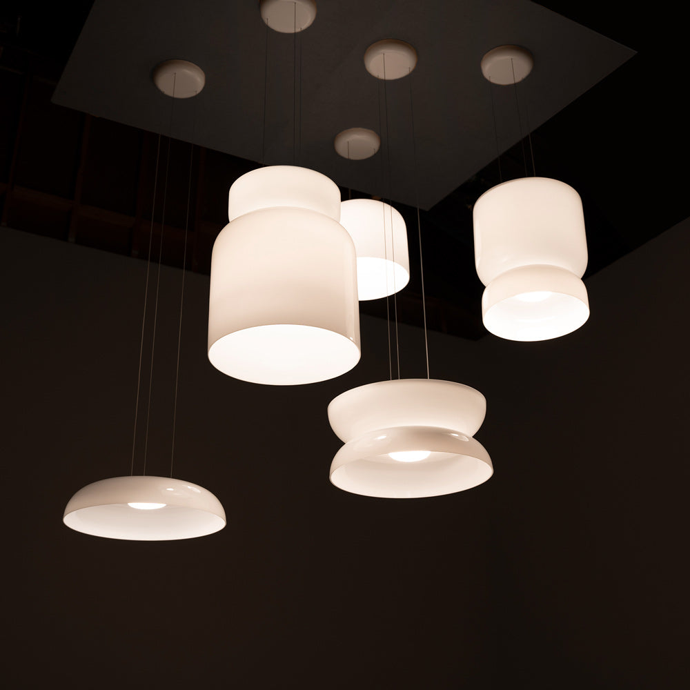 Suspension LED tambour haut/bas en verre opale soufflé