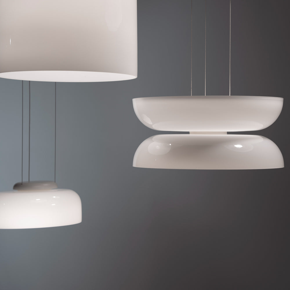 Suspension LED tambour haut/bas en verre opale soufflé
