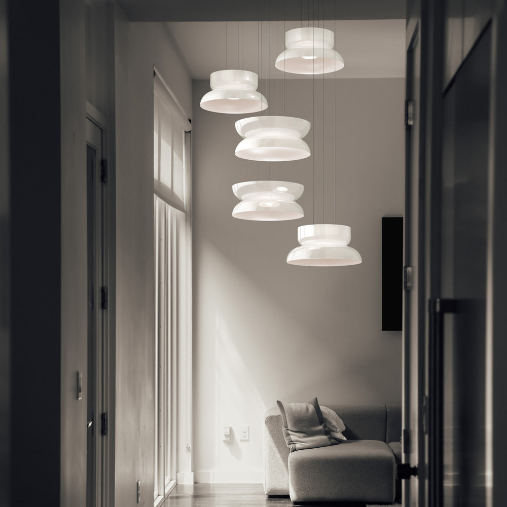 Suspension LED tambour haut/bas en verre opale soufflé