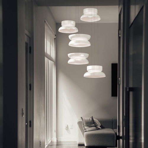 Suspension LED tambour haut/bas en verre opale soufflé