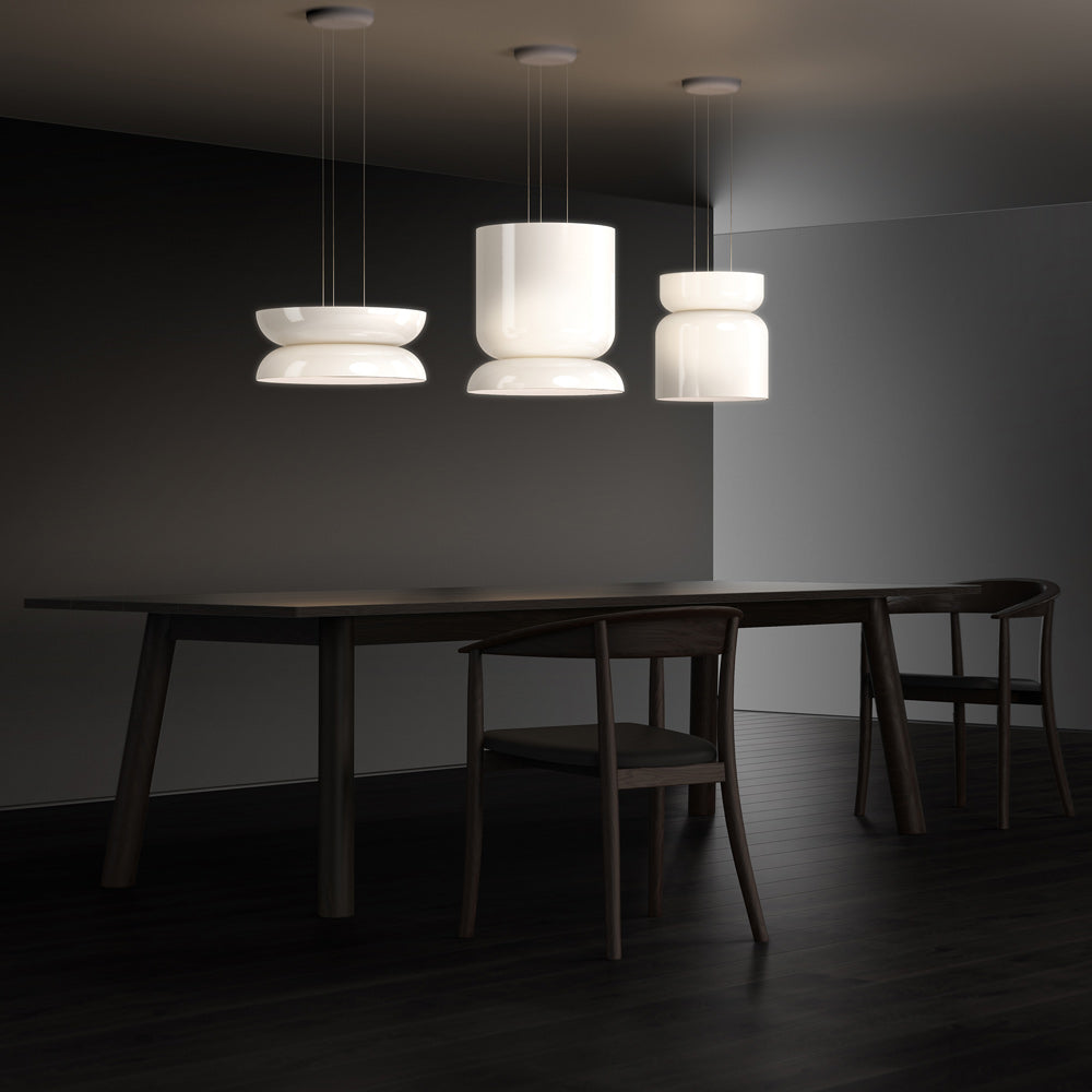 Suspension LED tambour haut/bas en verre opale soufflé