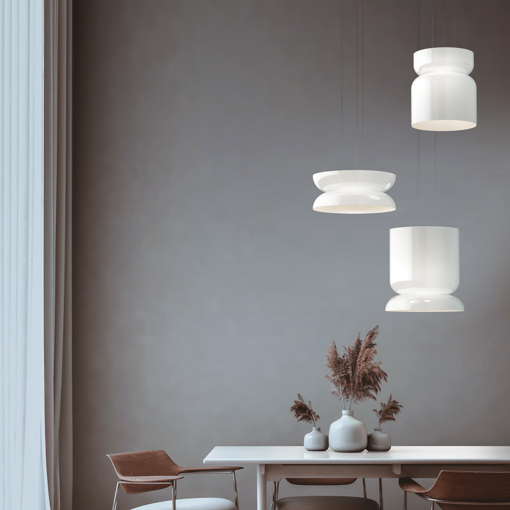 Suspension LED tambour haut/bas en verre opale soufflé
