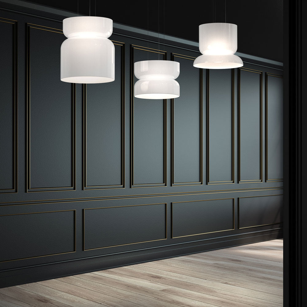 Suspension LED tambour haut/bas en verre opale soufflé