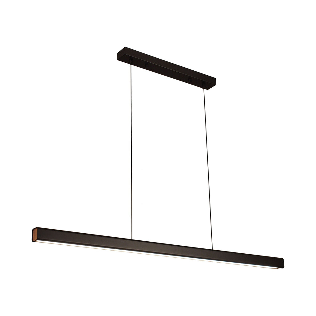 Suspension LED minimaliste linéaire en aluminium et bois.