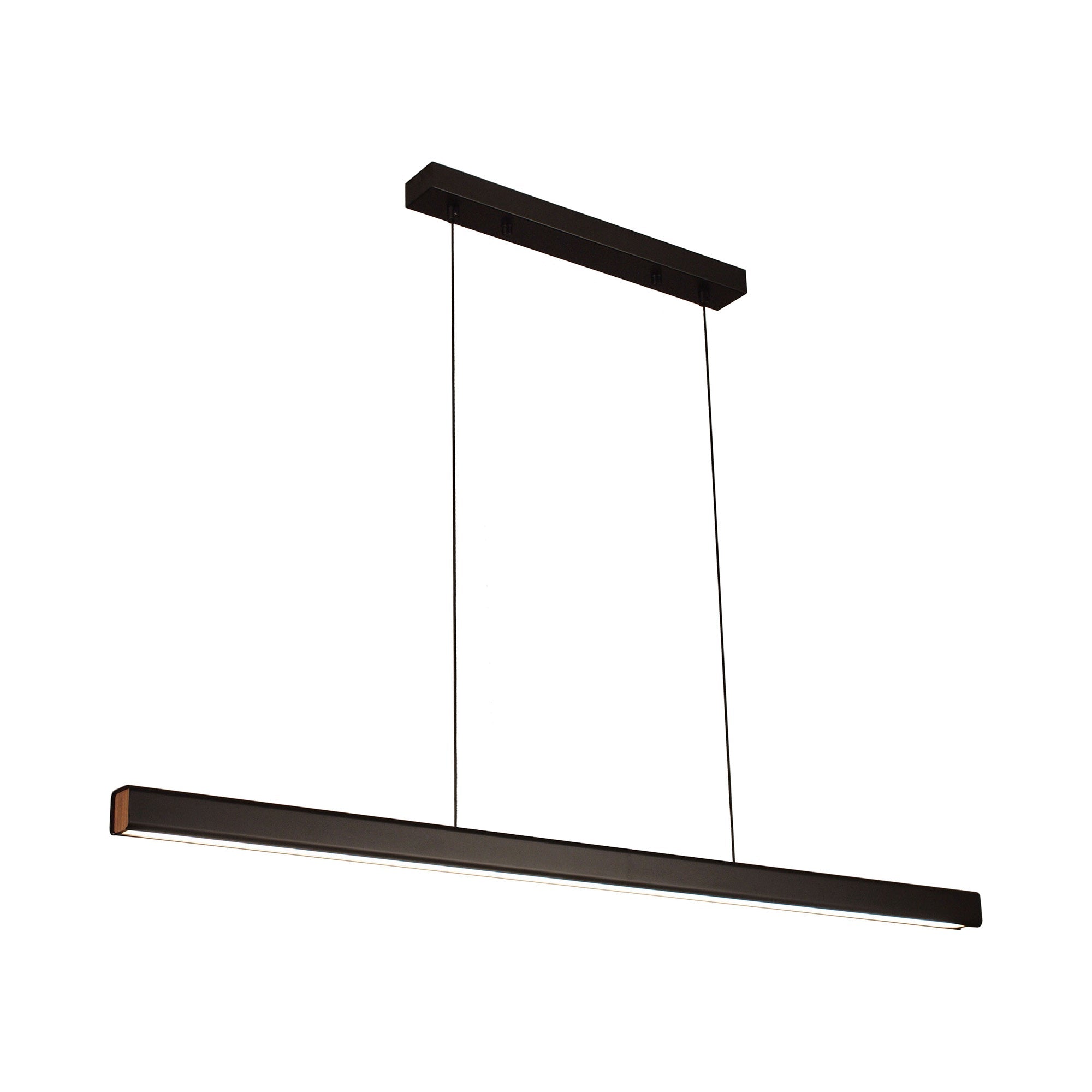 Suspension LED minimaliste linéaire en aluminium et bois.